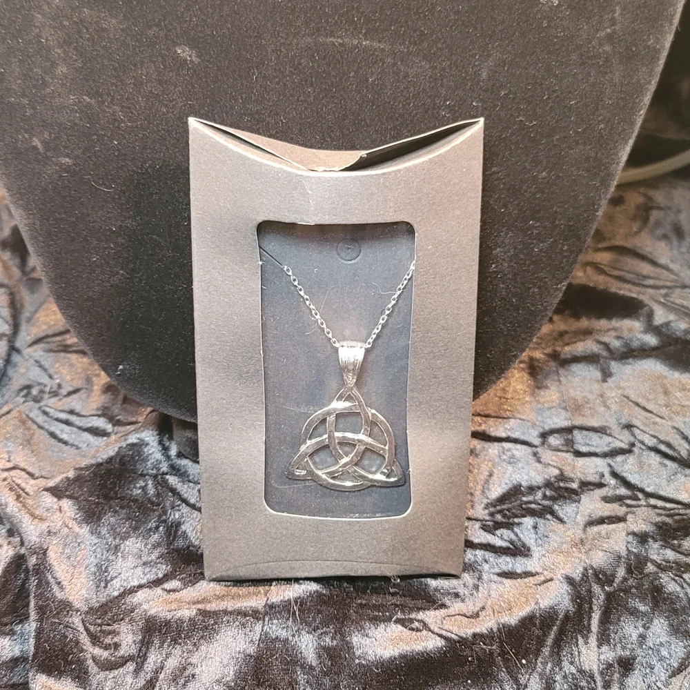 0510. Silver Interwoven ~Triquetra Pendant w/ Radiant Detailing and 18" Chain - Picture 3 of 7